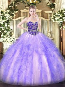 Modern Lavender Ball Gowns Sweetheart Sleeveless Tulle Floor Length Lace Up Beading and Ruffles Sweet 16 Quinceanera Dress