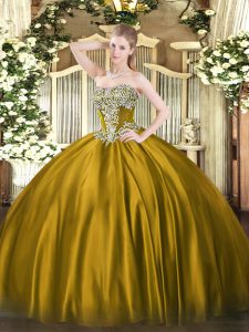 Free and Easy Brown Quinceanera Gowns Military Ball and Sweet 16 and Quinceanera with Beading Strapless Sleeveless Lace Up