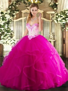 Dramatic Ball Gowns 15th Birthday Dress Fuchsia Sweetheart Tulle Sleeveless Floor Length Lace Up