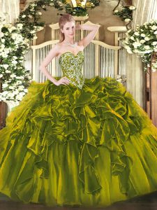 Olive Green Ball Gowns Sweetheart Sleeveless Organza Floor Length Lace Up Beading and Ruffles Sweet 16 Dresses