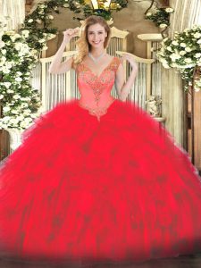 Pretty Floor Length Ball Gowns Sleeveless Red Vestidos de Quinceanera Lace Up