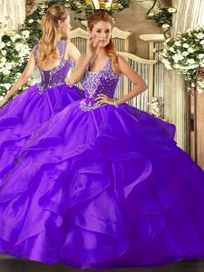 Straps Sleeveless Tulle Military Ball Dresses Beading and Ruffles Lace Up