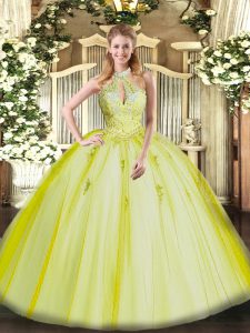 Colorful Halter Top Sleeveless Tulle Quinceanera Gown Appliques Lace Up