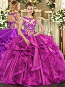 Discount Fuchsia Lace Up Scoop Beading and Appliques and Ruffles Quinceanera Dresses Organza Sleeveless