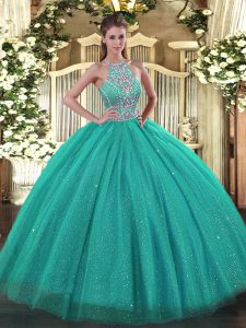 Affordable Halter Top Sleeveless Lace Up Quinceanera Gowns Turquoise Tulle
