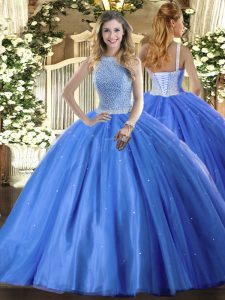 Popular Baby Blue Quince Ball Gowns Military Ball and Sweet 16 and Quinceanera with Beading High-neck Sleeveless Lace Up