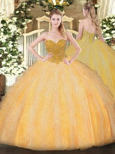 Orange Organza Lace Up Quinceanera Gowns Sleeveless Floor Length Beading and Ruffles