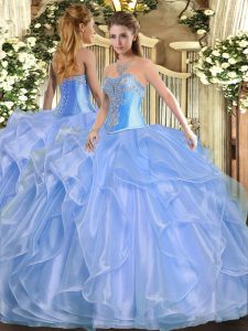 Baby Blue Sleeveless Floor Length Beading and Ruffles Lace Up Quinceanera Dresses