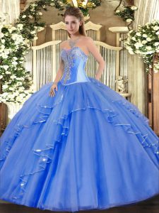Chic Blue Tulle Lace Up Sweetheart Sleeveless Floor Length Quinceanera Gown Beading and Ruffles