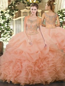Peach Clasp Handle Scoop Beading and Ruffled Layers Quinceanera Gowns Tulle Sleeveless