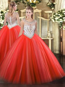 Most Popular Coral Red Scoop Neckline Beading Quinceanera Gowns Sleeveless Zipper