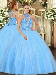 Baby Blue Lace Up Vestidos de Quinceanera Embroidery Sleeveless Floor Length