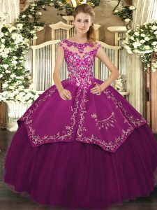Suitable Purple Scoop Neckline Beading and Embroidery Military Ball Dresses For Women Cap Sleeves Lace Up