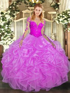 Long Sleeves Lace Up Floor Length Lace and Ruffles Sweet 16 Dress