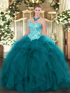 Elegant Teal Organza Lace Up Sweet 16 Quinceanera Dress Sleeveless Floor Length Appliques and Ruffles