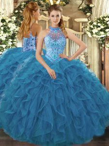 Modest Sleeveless Lace Up Floor Length Embroidery and Ruffles 15 Quinceanera Dress