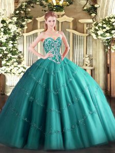 Teal 15th Birthday Dress Military Ball and Sweet 16 and Quinceanera with Beading and Appliques Sweetheart Sleeveless Lace Up