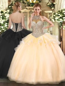 Custom Fit Peach Halter Top Lace Up Beading 15 Quinceanera Dress Sleeveless