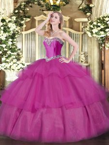 Attractive Sweetheart Sleeveless Lace Up 15th Birthday Dress Fuchsia Tulle