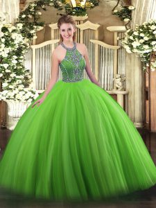 Floor Length Green Ball Gown Prom Dress Halter Top Sleeveless Lace Up