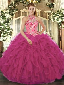 Hot Pink Ball Gowns Halter Top Sleeveless Organza Floor Length Lace Up Beading and Embroidery and Ruffles Vestidos de Quinceanera