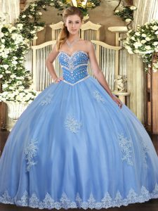 Sleeveless Tulle Floor Length Lace Up Vestidos de Quinceanera in Blue with Beading and Appliques