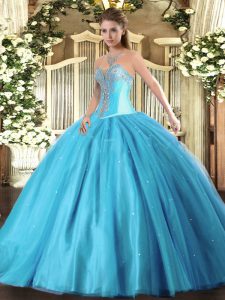 Spectacular Sleeveless Floor Length Beading Lace Up 15th Birthday Dress with Aqua Blue