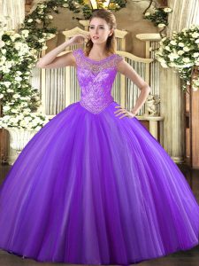 Suitable Tulle Sleeveless Floor Length Ball Gown Prom Dress and Beading