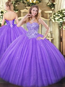 Lavender Tulle and Sequined Lace Up Quinceanera Dress Sleeveless Floor Length Appliques