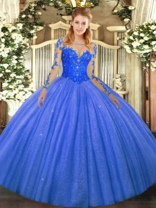 Blue Long Sleeves Lace Floor Length Sweet 16 Dresses