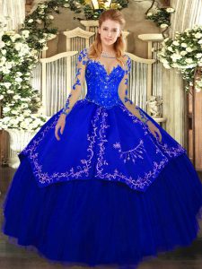 Floor Length Royal Blue Ball Gown Prom Dress Organza and Taffeta Long Sleeves Lace and Embroidery