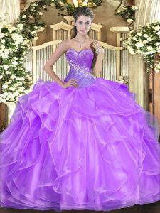 Decent Lilac Lace Up Sweetheart Beading and Ruffles Quinceanera Gown Organza Sleeveless