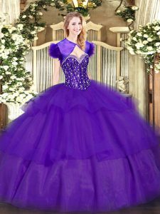 High Quality Floor Length Lace Up Quinceanera Gown Purple for Military Ball and Sweet 16 and Quinceanera with Ruffled Layers