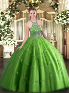 Super Tulle Halter Top Sleeveless Lace Up Beading and Appliques 15 Quinceanera Dress in