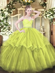 Luxury Brush Train Ball Gowns Quince Ball Gowns Olive Green Sweetheart Tulle Sleeveless Zipper