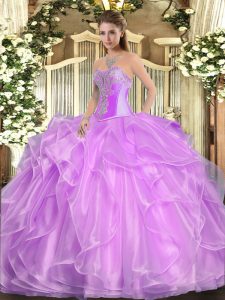Organza Sweetheart Sleeveless Lace Up Beading and Ruffles Quinceanera Dress in Lilac