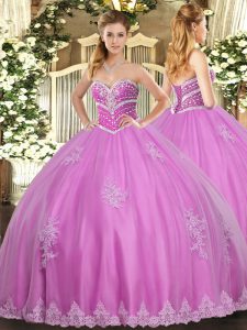 Perfect Beading and Appliques Quinceanera Gown Rose Pink Lace Up Sleeveless Floor Length