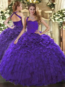 Glittering Purple Lace Up Halter Top Ruffles Quinceanera Dress Organza Sleeveless