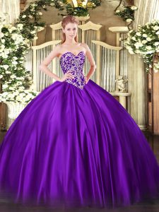 Chic Floor Length Lace Up Quinceanera Gowns Purple for Military Ball and Sweet 16 with Beading