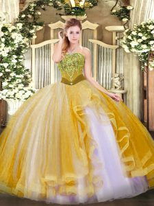 Dynamic Ball Gowns Sweet 16 Dress Gold Strapless Tulle Sleeveless Floor Length Lace Up