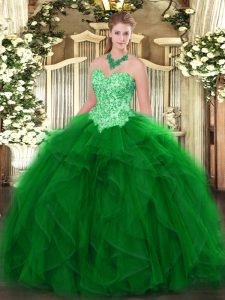 Floor Length Lace Up Quinceanera Gowns Green for Military Ball and Sweet 16 and Quinceanera with Appliques and Ruffles