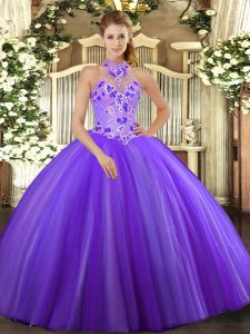 Purple Halter Top Lace Up Embroidery Ball Gown Prom Dress Sleeveless
