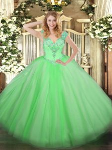 Hot Sale Ball Gowns V-neck Sleeveless Tulle Floor Length Lace Up Beading Quince Ball Gowns