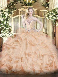 Flare Peach Sleeveless Organza Lace Up 15th Birthday Dress for Military Ball and Sweet 16 and Quinceanera