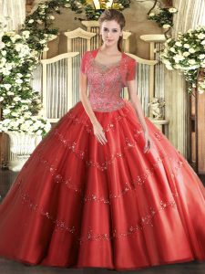 Fitting Coral Red Ball Gowns Beading Sweet 16 Dresses Clasp Handle Tulle Sleeveless Floor Length