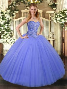 Beauteous Blue Tulle Lace Up Sweetheart Sleeveless Floor Length Ball Gown Prom Dress Beading