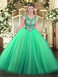 Turquoise Tulle Lace Up Scoop Sleeveless Floor Length 15 Quinceanera Dress Beading