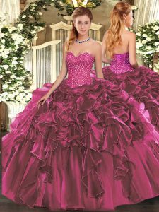 Luxury Burgundy Sleeveless Organza Lace Up Quinceanera Gown for Military Ball and Sweet 16 and Quinceanera