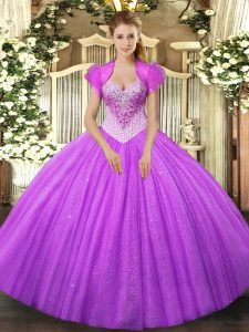 Hot Sale Lilac Ball Gowns Beading 15th Birthday Dress Lace Up Tulle Sleeveless Floor Length