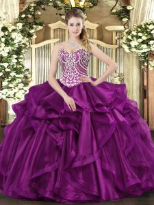 Unique Fuchsia Quinceanera Dresses Military Ball and Sweet 16 and Quinceanera with Beading and Ruffles Sweetheart Sleeveless Lace Up